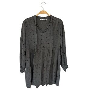 ZARA Gray Polka Dot V-Neck Tie Bow Long Sleeves Swing Mini Dress S